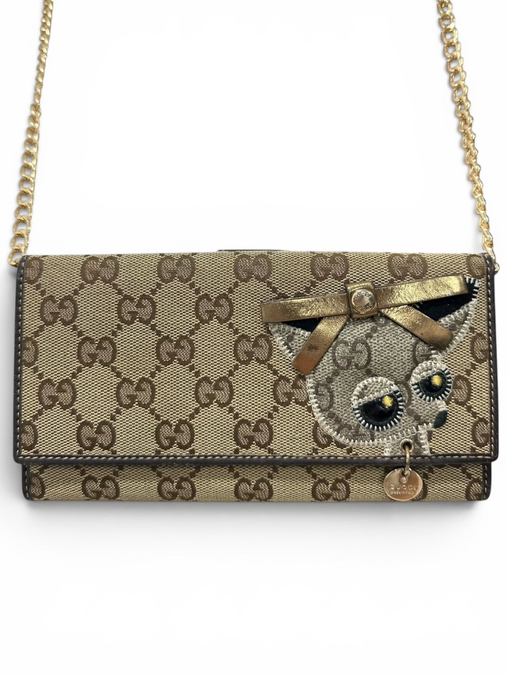 Gucci Guccioli Dog GG Monogram Tan Canvas & Brown Leather Long Wallet on Chain